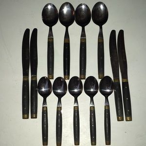 Vintage Takahashi Japan Stainless Flatware Set – Bakelite Handles, Brass Accents